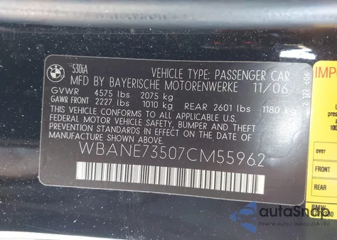 2007 BMW 530I z USA, uszkodzony, nr VIN WBANE73507CM55962